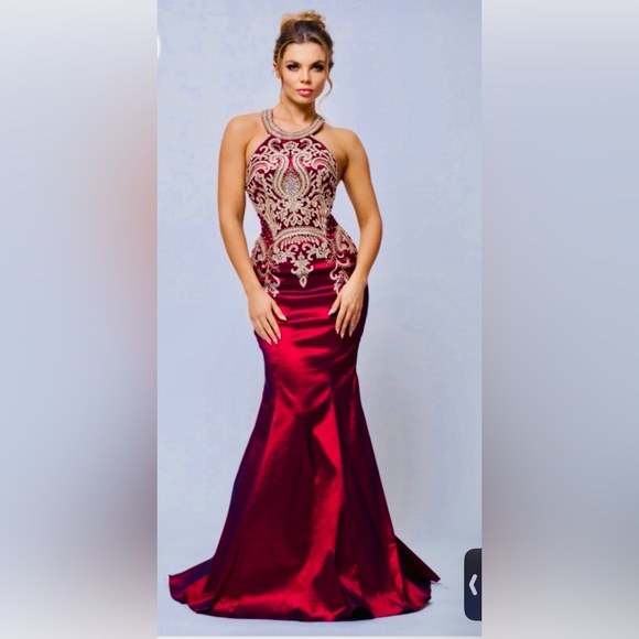 Jovani Blue and Gold Beaded Halter Gown / Dress - Picture 4 of 16